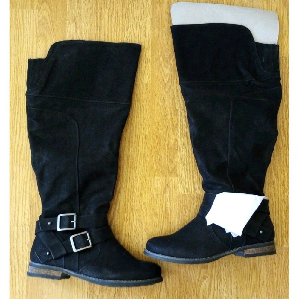 Torrid Suede Riding Boots Size 8W Black Harness Buckle Distressed